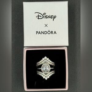 Disney x Pandora Princess Wishbone & Sparkling Pear Halo Ring Stack | Size 7.5